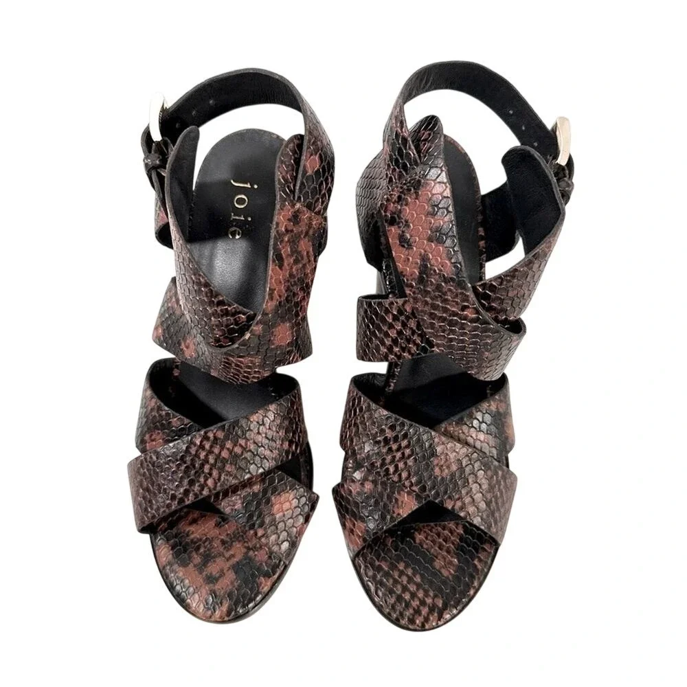 Joie Brown Snakeskin Embossed Strappy Block Heel Sandals Size 36.5 Buckle Ankle
